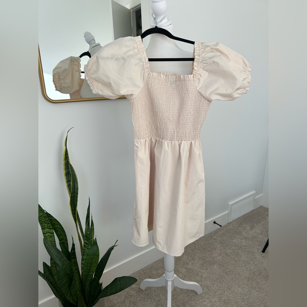 Cute Puff Sleeve Smocked Mini Dress - Light Blush
